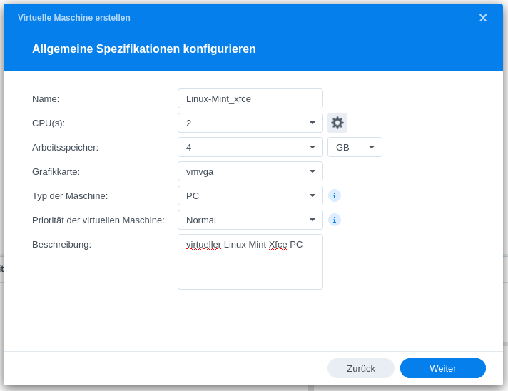 Synology Virtual Machine Manager: einen virtuellen PC definieren